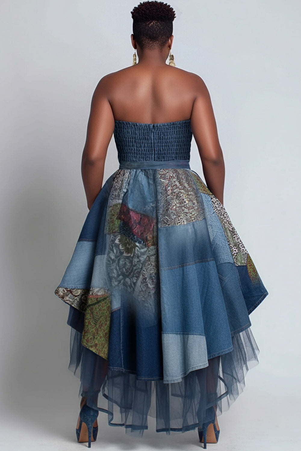 Xpluswear Design Plus Size Party Blue All Over Print Pocket High Low Hem Tulle Midi Dresses