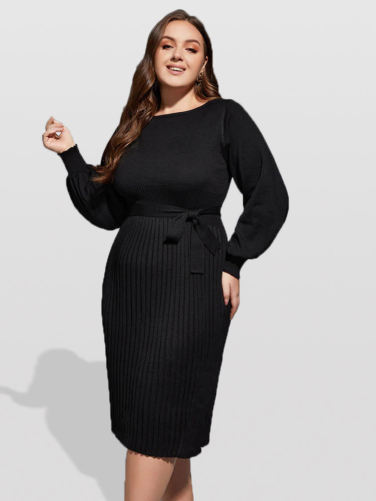 VIP Plus Black Solid Tie Lantern Sleeves Midi Knit Dress