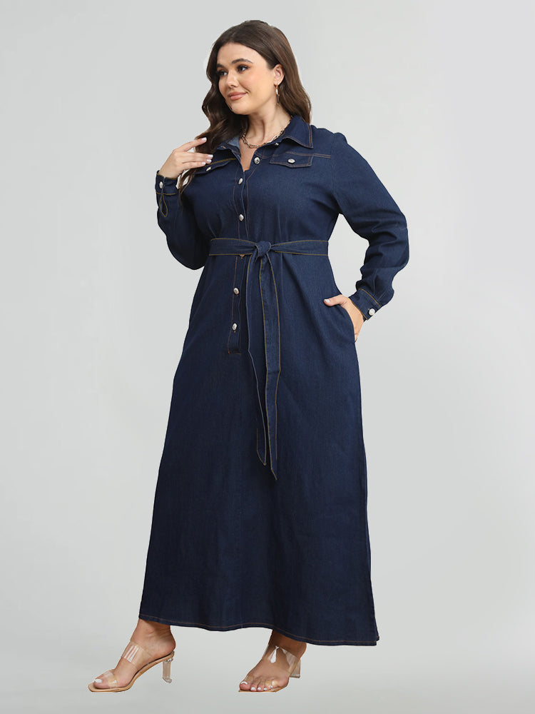 Drawstring Button Pocket Tie Belt Denim Dress