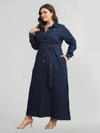 Drawstring Button Pocket Tie Belt Denim Dress
