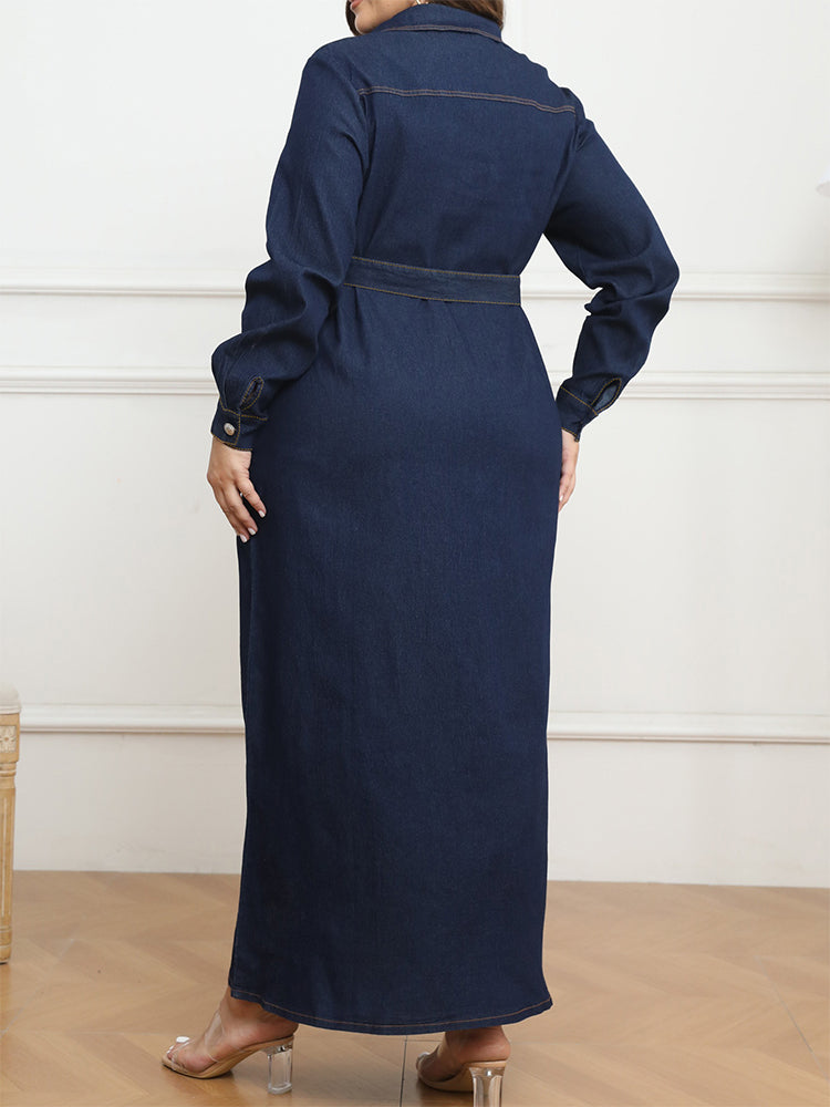 Drawstring Button Pocket Tie Belt Denim Dress