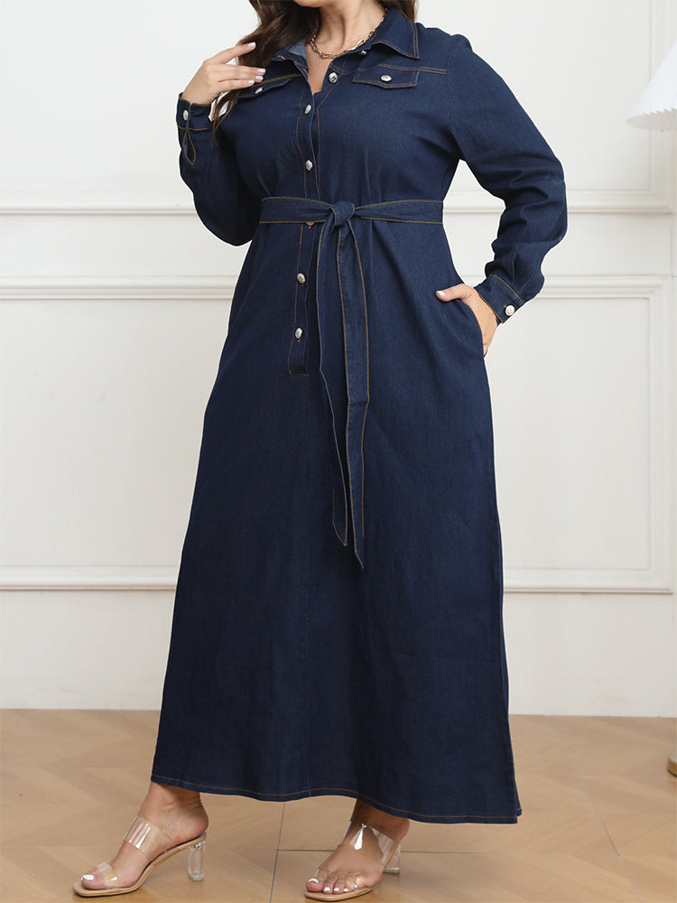 Drawstring Button Pocket Tie Belt Denim Dress