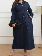 Drawstring Button Pocket Tie Belt Denim Dress