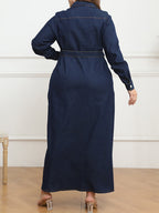 Drawstring Button Pocket Tie Belt Denim Dress