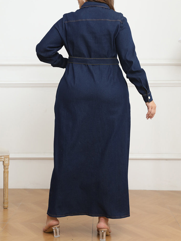 Drawstring Button Pocket Tie Belt Denim Dress
