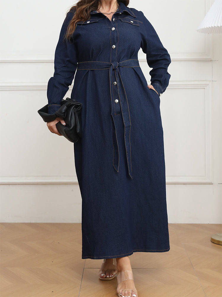 Drawstring Button Pocket Tie Belt Denim Dress