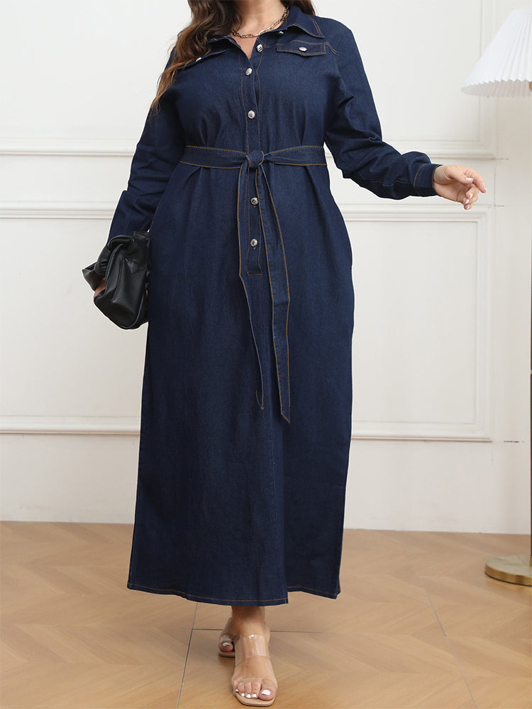 Drawstring Button Pocket Tie Belt Denim Dress