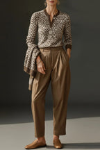 Plus Size Business Casual Khaki Leopard V Neck Long Sleeve Casual Crochet Sweaters