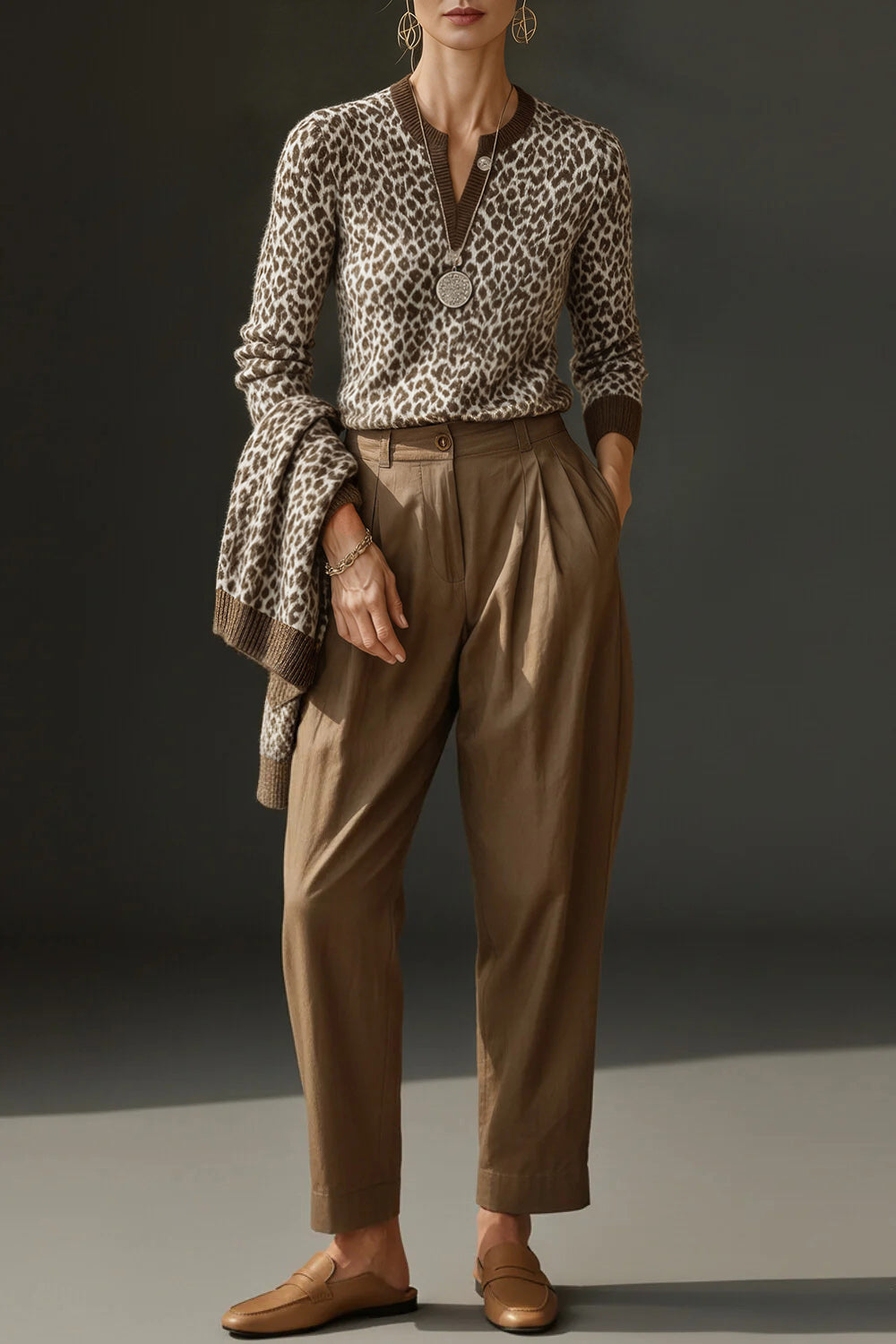 Plus Size Business Casual Khaki Leopard V Neck Long Sleeve Casual Crochet Sweaters