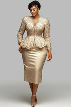 Xpluswear Design Plus Size Cocktail Party Lace Champagne V Neck Long Sleeve Ruffle Bodycon Satin Two Piece Skirt Sets