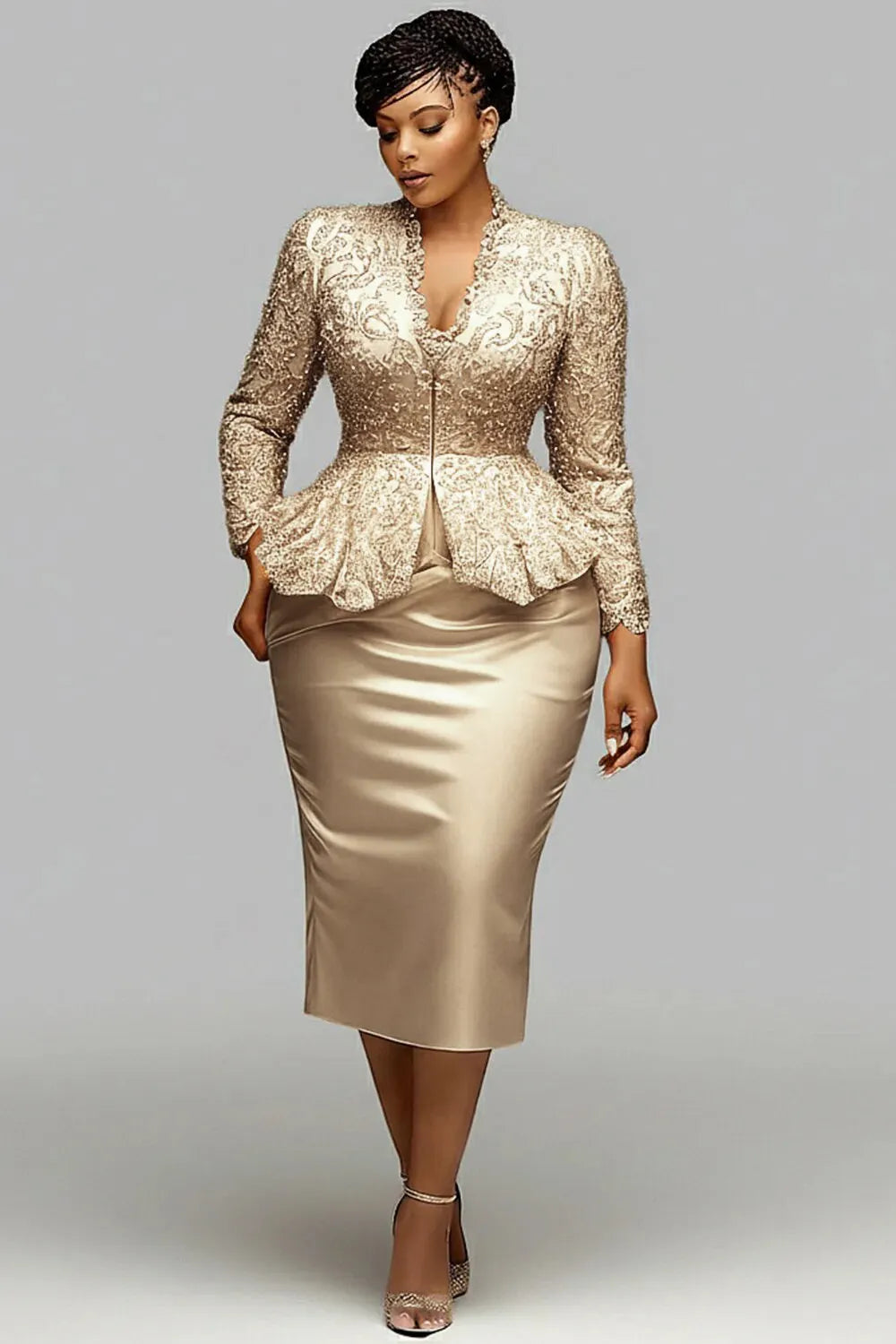 Xpluswear Design Plus Size Cocktail Party Lace Champagne V Neck Long Sleeve Ruffle Bodycon Satin Two Piece Skirt Sets