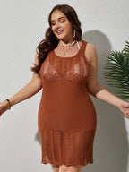 Plus Red Brown Flutter Hem Crochet Cover Up Dress