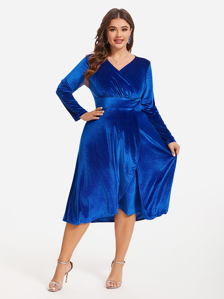 V-Neck Wrap Hem Velvet Midi Dress