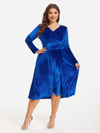 V-Neck Wrap Hem Velvet Midi Dress