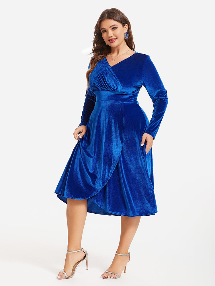 V-Neck Wrap Hem Velvet Midi Dress