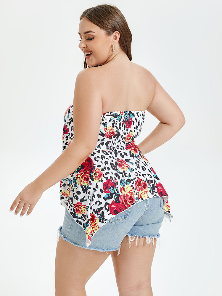 Floral & Leopard Print Ruffle Disty Tube Top