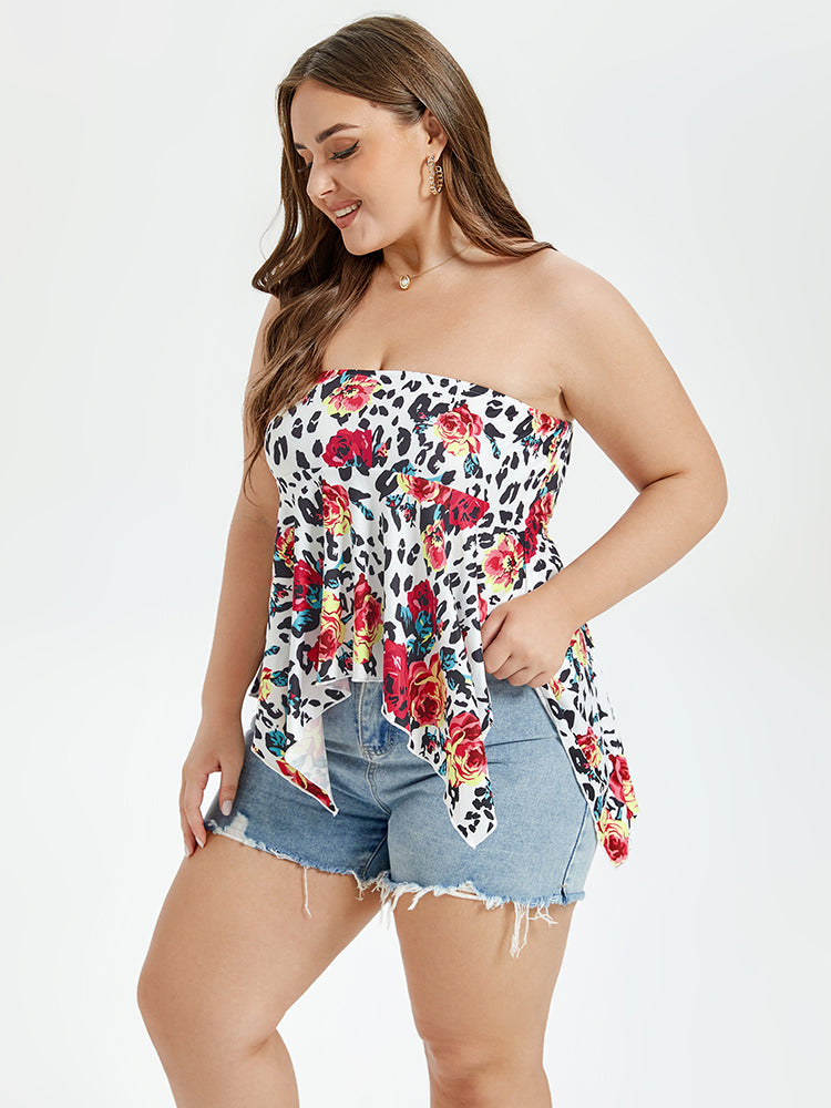 Floral & Leopard Print Ruffle Disty Tube Top