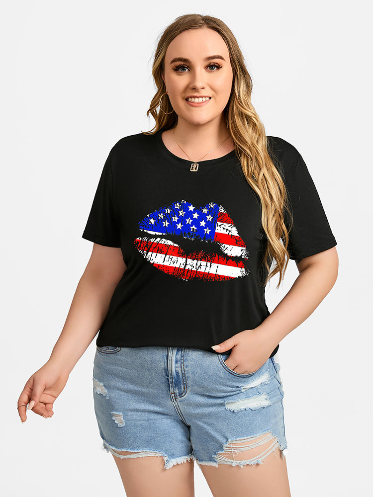 Plus Black Color Lip Print Round Neck Graphic Tee