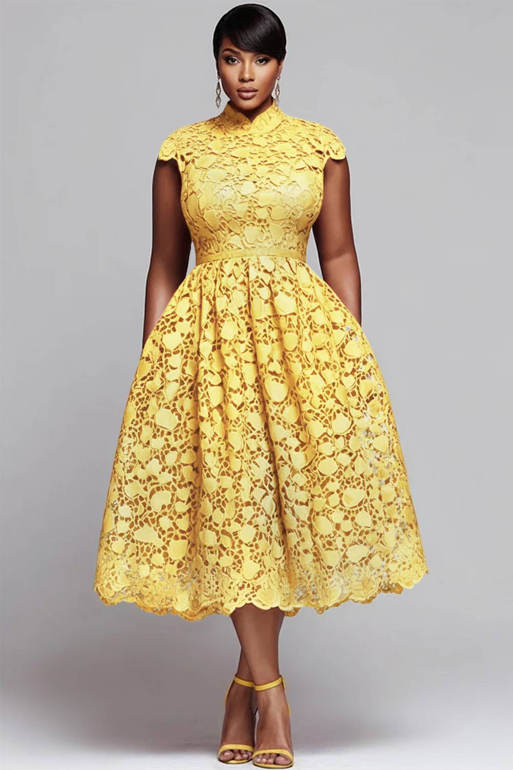 Xpluswear Design Plus Size Red Round Neck Pocket Elegant Cut Out Lace Midi Dresses
