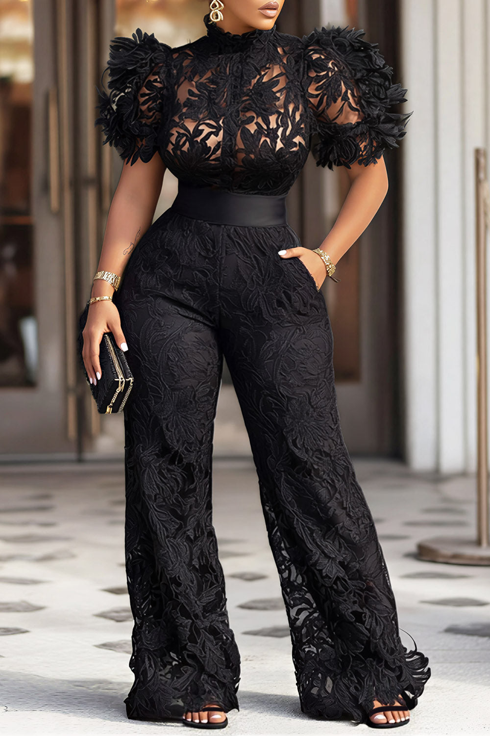 Xpluswear Design Plus Size Cocktail Party Black Mock Neck Short Sleeve See Through Pocket Lace Jumpsuits