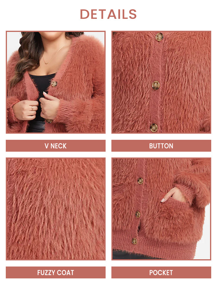Solid Pocket Button Fuzzy Coat