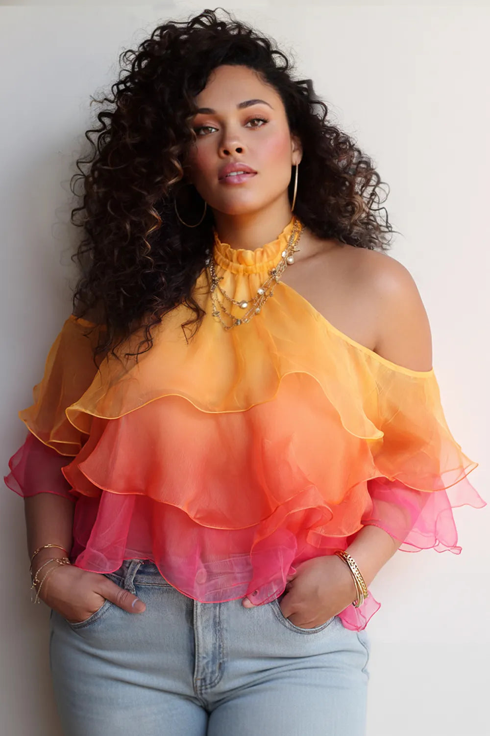 Xpluswear Design Plus Size Vacation Multicolor Gradient Halter Collar Cold Shoulder Short Sleeve Ruffle Tiered Organza Tops