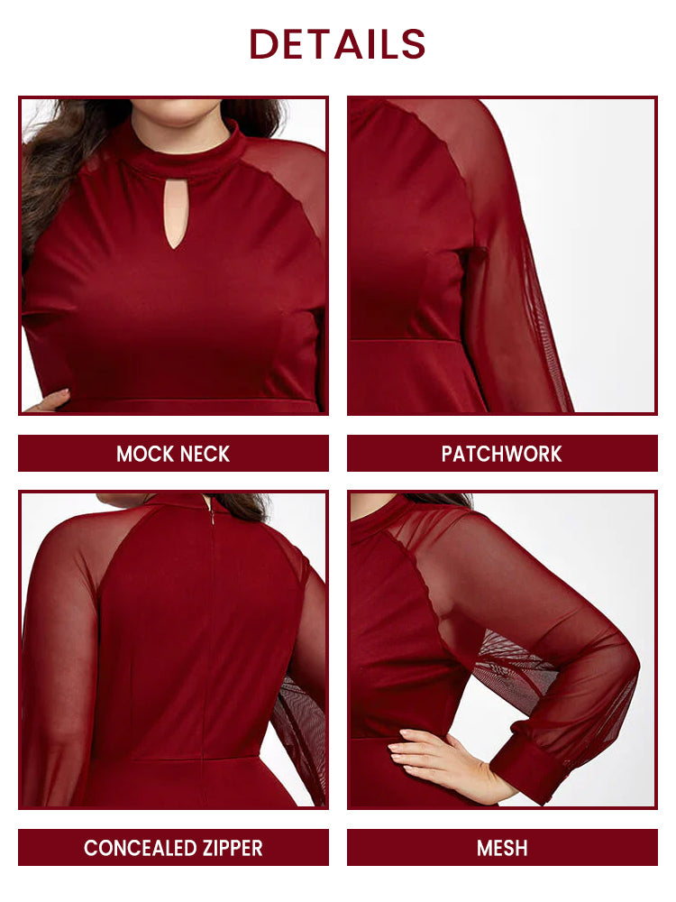Plus Red Band Collar Mesh Patchwork Dress