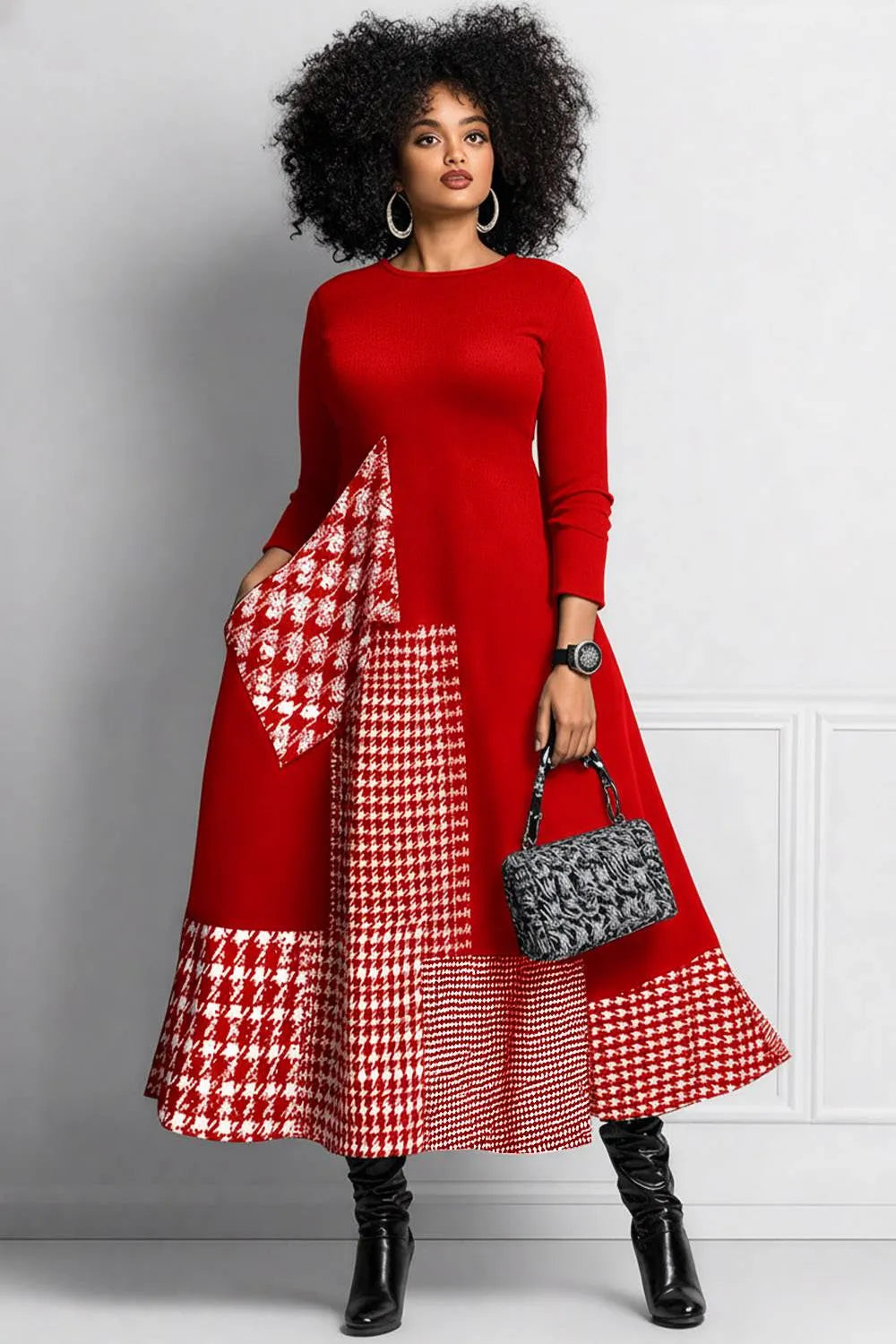 Xpluswear Design Plus Size Daily Black Houndstooth Round Neck Long Sleeve Pocket Elegant Maxi Dresses
