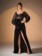 Square Neck Split Velvet Dress