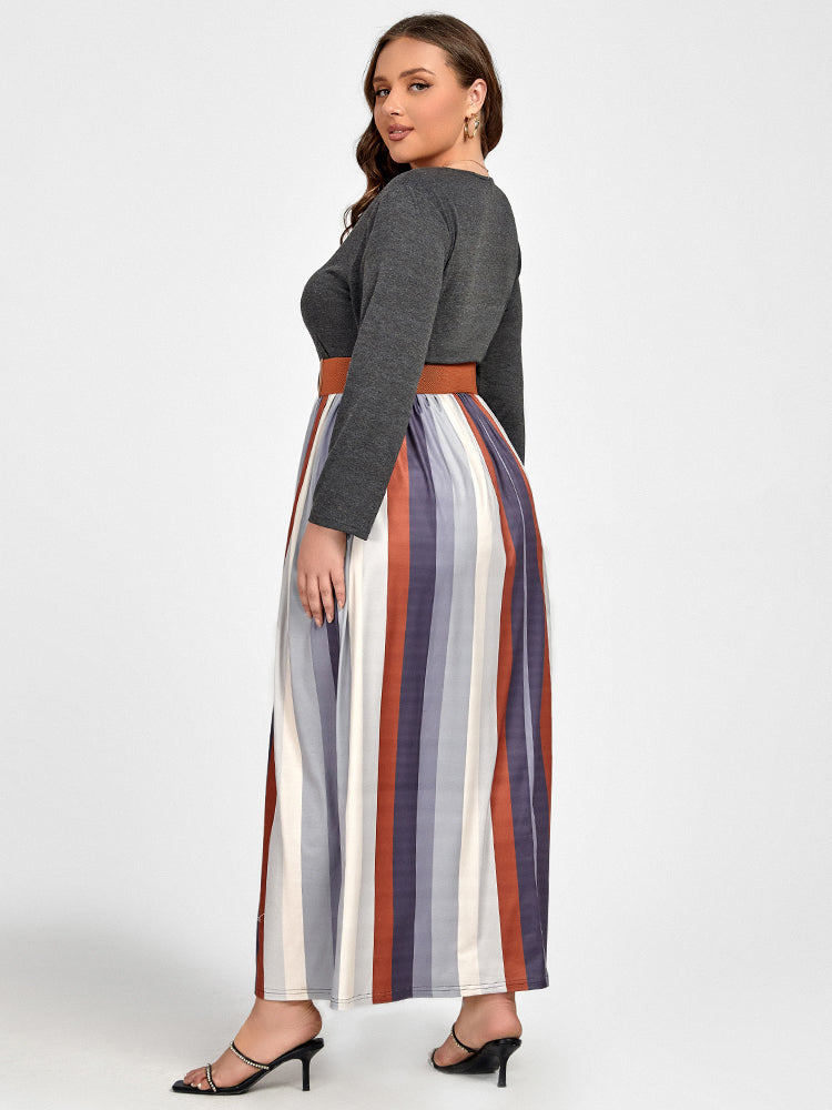 Plus Colorblock Striped Patchwork Pocket Maxi Dress Without Belt