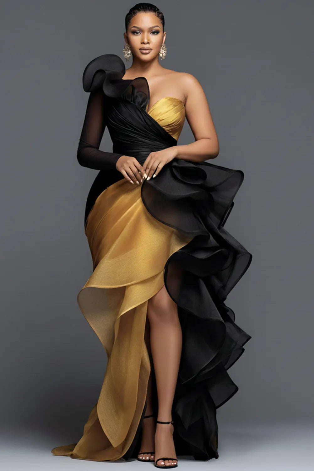 Xpluswear Design Plus Size Formal Gold Oblique Collar One Shoulder Long Sleeve Ruffle Elegant Asymmetric Hem Irregular Hem Maxi Dresses