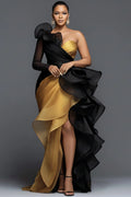 Xpluswear Design Plus Size Formal Gold Oblique Collar One Shoulder Long Sleeve Ruffle Elegant Asymmetric Hem Irregular Hem Maxi Dresses