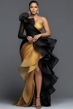 Xpluswear Design Plus Size Formal Gold Oblique Collar One Shoulder Long Sleeve Ruffle Elegant Asymmetric Hem Irregular Hem Maxi Dresses