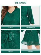 VIP V-Neck Lantern Sleeve Belted Sequin Party Dress