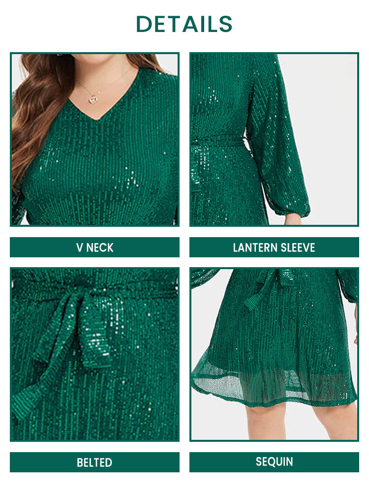 VIP V-Neck Lantern Sleeve Belted Sequin Party Dress