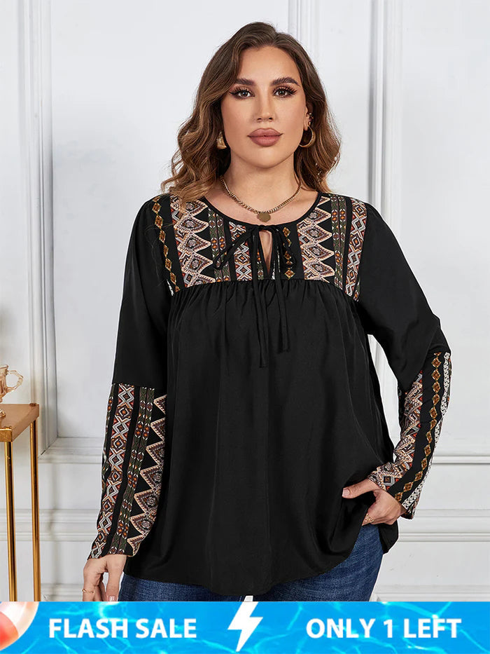 Plus Black Floral Patchwork Tie Neck Ruched Blouse