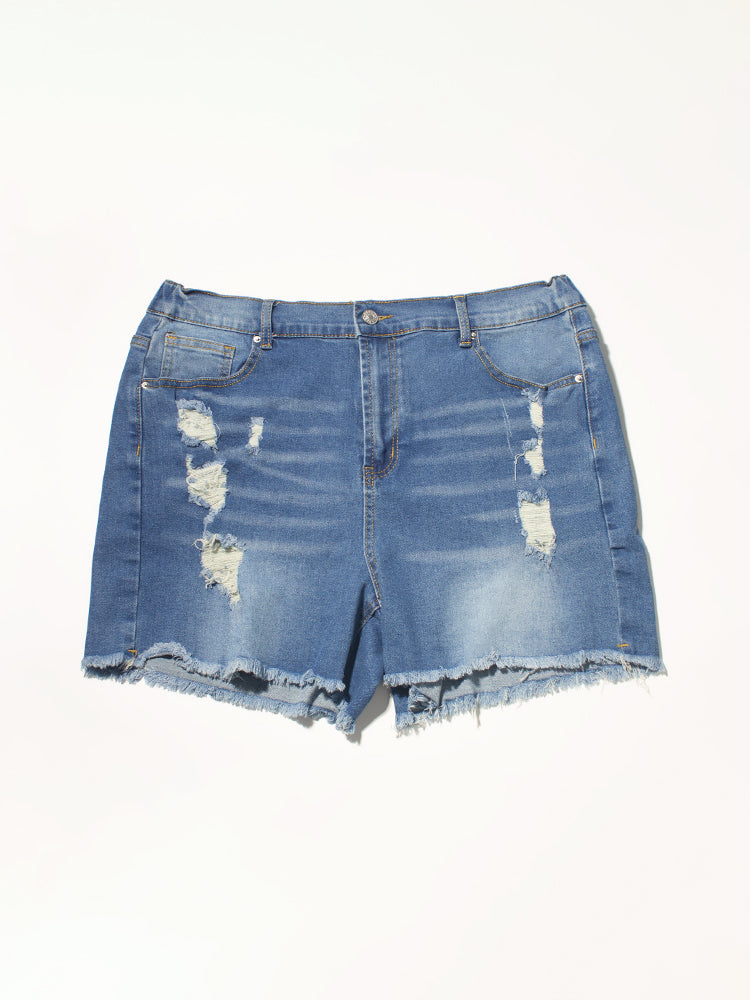 VIP Plus Dark Blue Ripped Raw Cut Denim Shorts