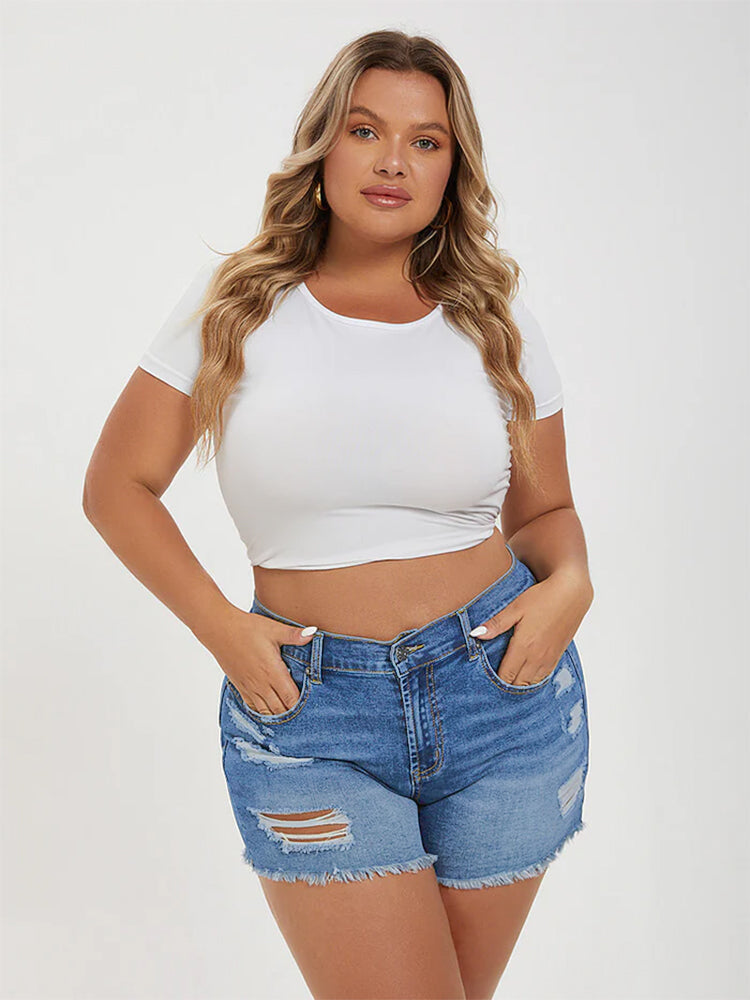 VIP Plus Dark Blue Ripped Raw Cut Denim Shorts