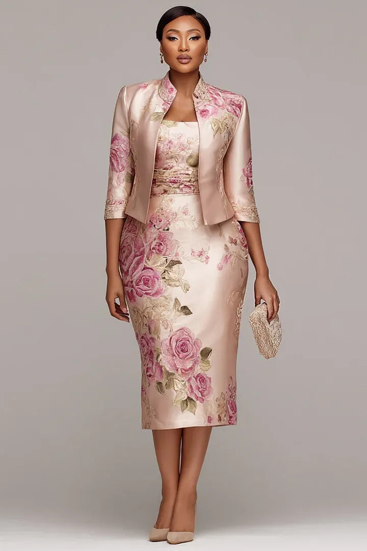 Xpluswear Design Plus Size Mother Of The Bride Pink Floral Half Sleeve Bodycon Satin Two Piece Dress Set
