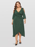 Plus Green V-Neck Cold Shoulder Wrap Ditsy Midi Dress