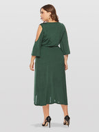 Plus Green V-Neck Cold Shoulder Wrap Ditsy Midi Dress