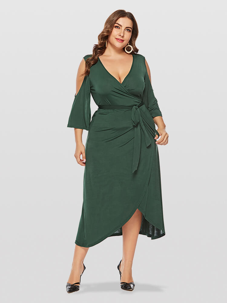 Plus Green V-Neck Cold Shoulder Wrap Ditsy Midi Dress