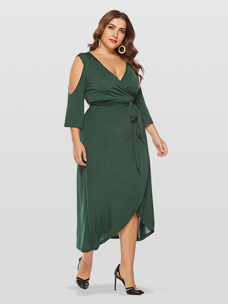 Plus Green V-Neck Cold Shoulder Wrap Ditsy Midi Dress