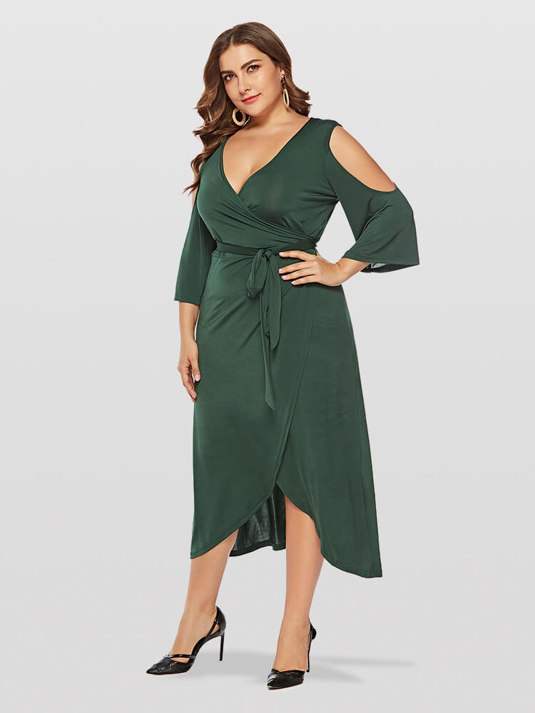 Plus Green V-Neck Cold Shoulder Wrap Ditsy Midi Dress