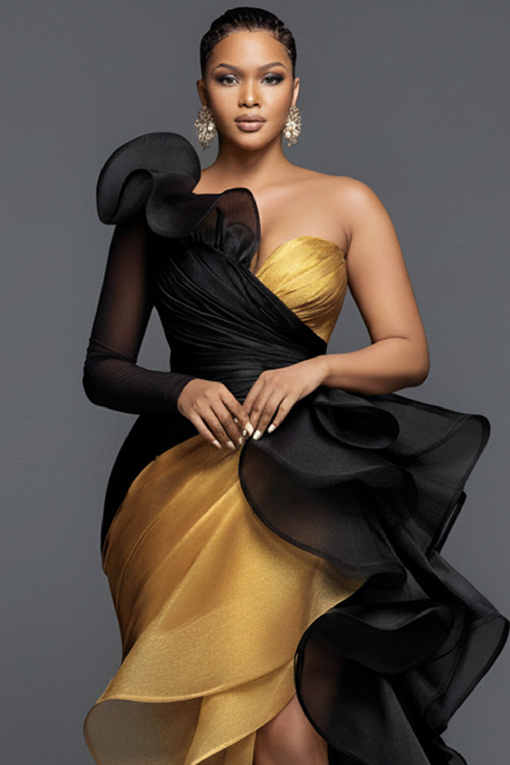 Xpluswear Design Plus Size Formal Gold Oblique Collar One Shoulder Long Sleeve Ruffle Elegant Asymmetric Hem Irregular Hem Maxi Dresses