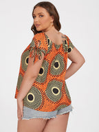 Plus Orange Tropical Print Tie Sleeve Blouse