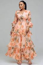 Xpluswear Design Plus Size Wedding Guest Peach All Over Print V Neck 3/4 Sleeve Ruffle Tiered Chiffon Maxi Dresses