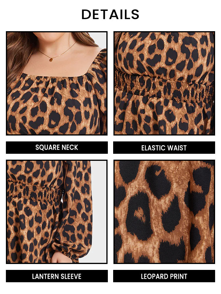 Leopard Print Lantern Sleeve Elastic Waist Blouse