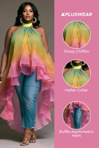 Xpluswear Design Plus Size Vacation Rainbow Gradient Halter Collar Asymmetric Hem Irregular Hem Ruffle Chiffon Blouses