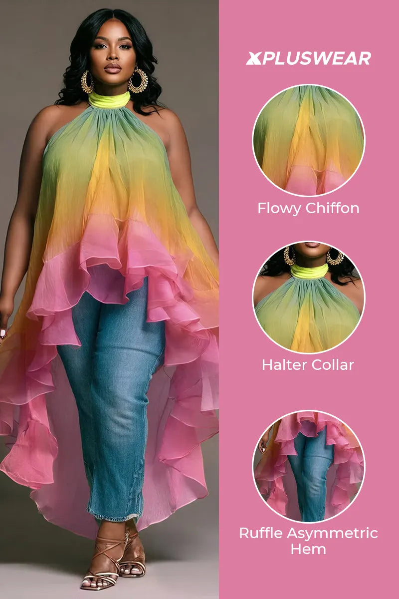 Xpluswear Design Plus Size Vacation Rainbow Gradient Halter Collar Asymmetric Hem Irregular Hem Ruffle Chiffon Blouses